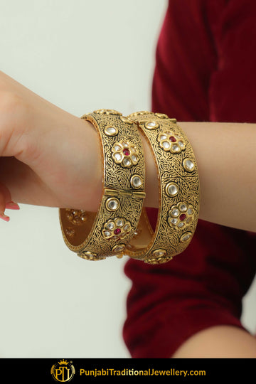 Farhat Antique Gold Finished Kundan Rubby Openable Karra Bangles (Pair) | Punjabi Traditional Jewellery Exclusive